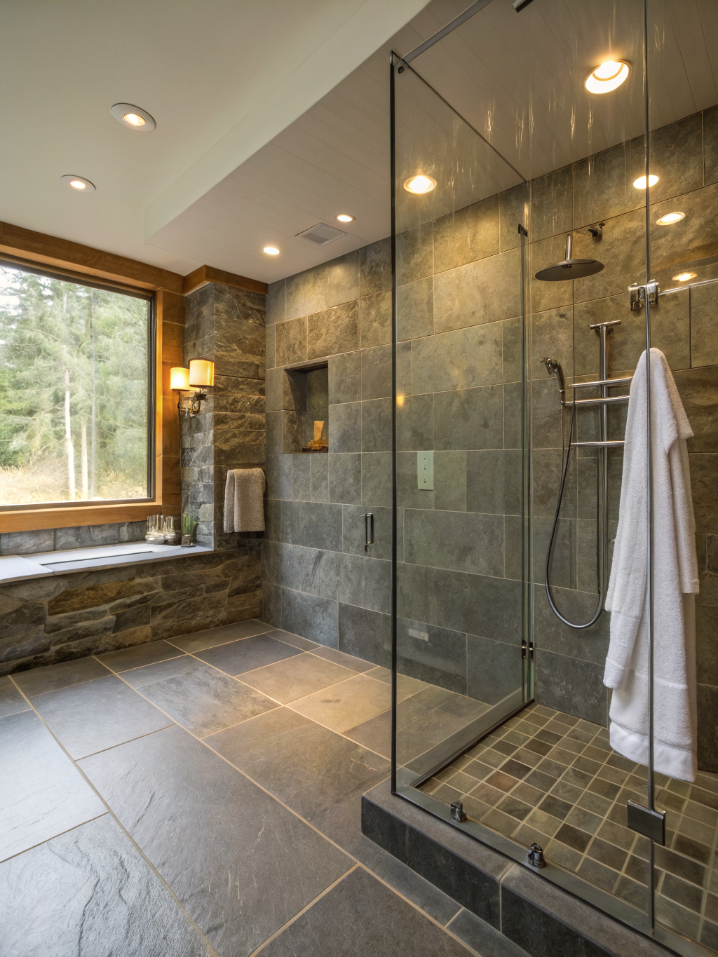 Modern bathroom with rainfall shower and elegant vanity