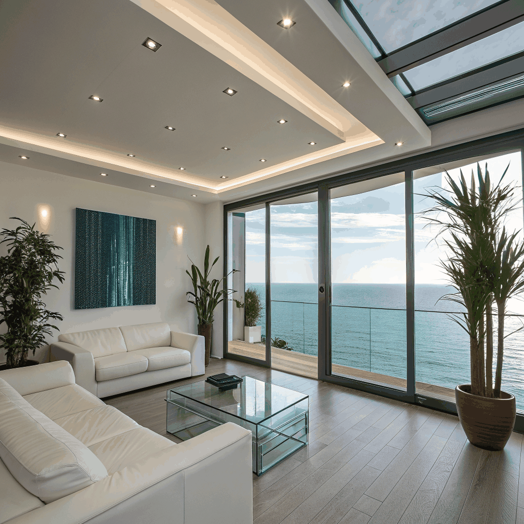 Spacious luxury apartment bedroom with balcony view